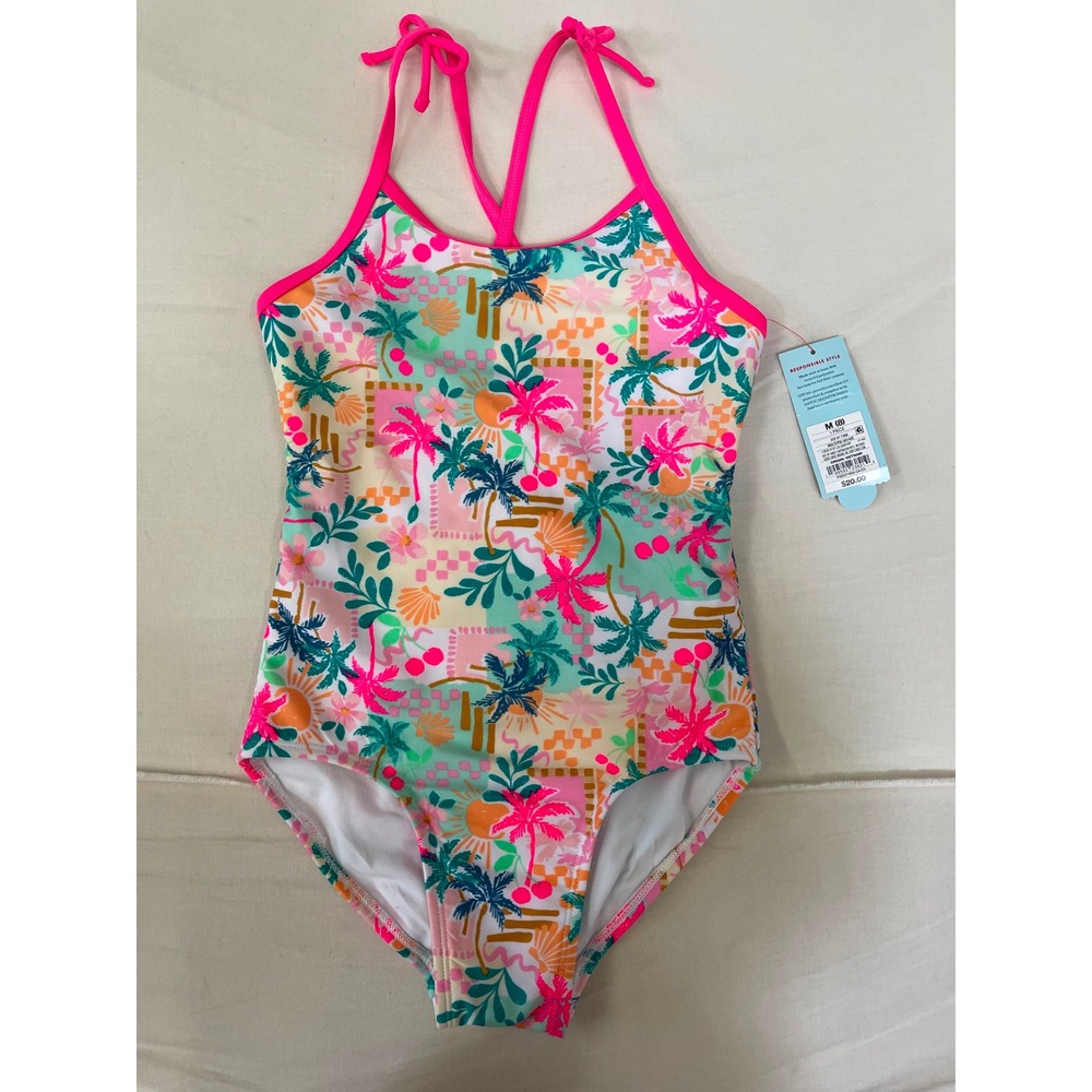 Cat‎ & Jack Girls Tropical Palm Tree One Piece Swimsuit Pink Green Size M 8 NWT